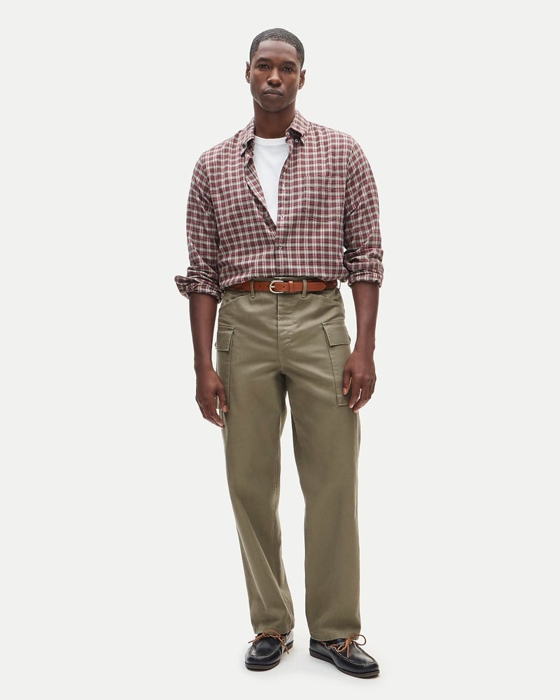 Red checked shirt, white T-shirt, olive cargo pants and leather boat shoes from J.Crew.
