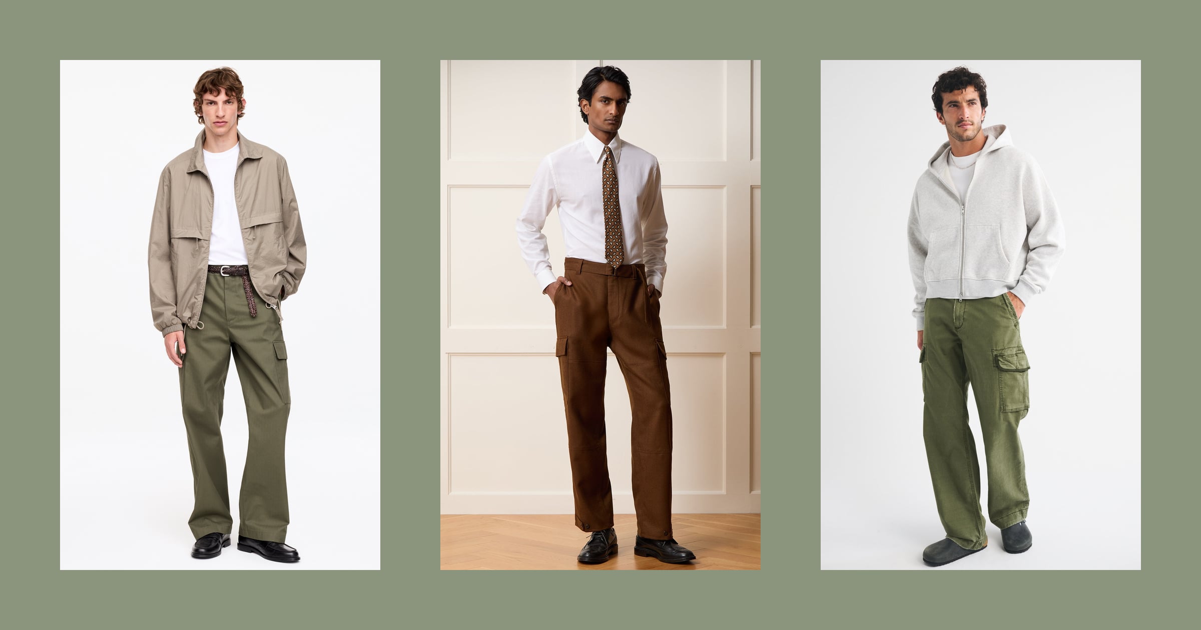 Three cargo pants outfits from ARKET, Todd Snyder and Abercrombie & Fitch on a sage green background.