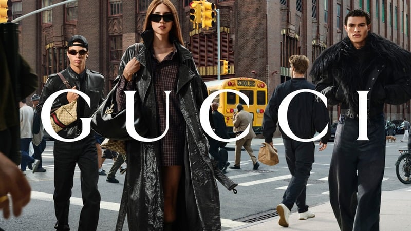 Eion Osborne, Nova Foss and Noah Luis Brown appear in leather and textured outerwear at a New York crossing. Gucci logo across the photograph.