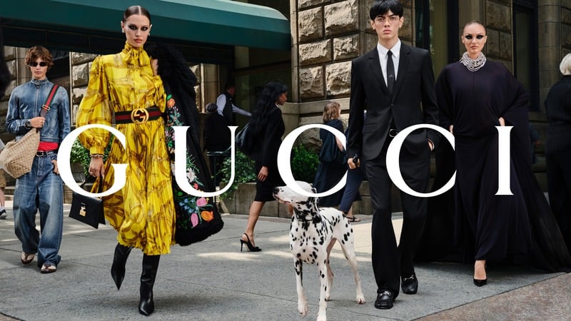 Bobby Brazier, Meredith Mickelson, Colt MacLean and Candice Swanepoel appear in Gucci's GucciCore campaign, with denim and a black suit alongside a yellow printed dress. Gucci logo across the photograph.