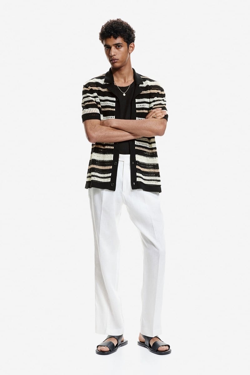 A striped crochet-look shirt over a tank gives H&M’s summer 2024 outfit texture while keeping the silhouette relaxed.