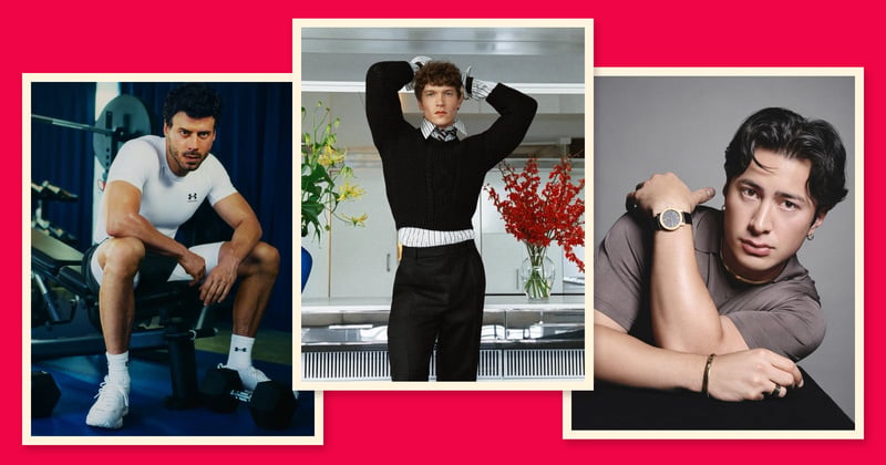 Francois Arnaud in Under Armour, Connor Storrie in Saint Laurent, and Hudson Williams wearing Bvlgari jewelry, in a collage on a pink background.