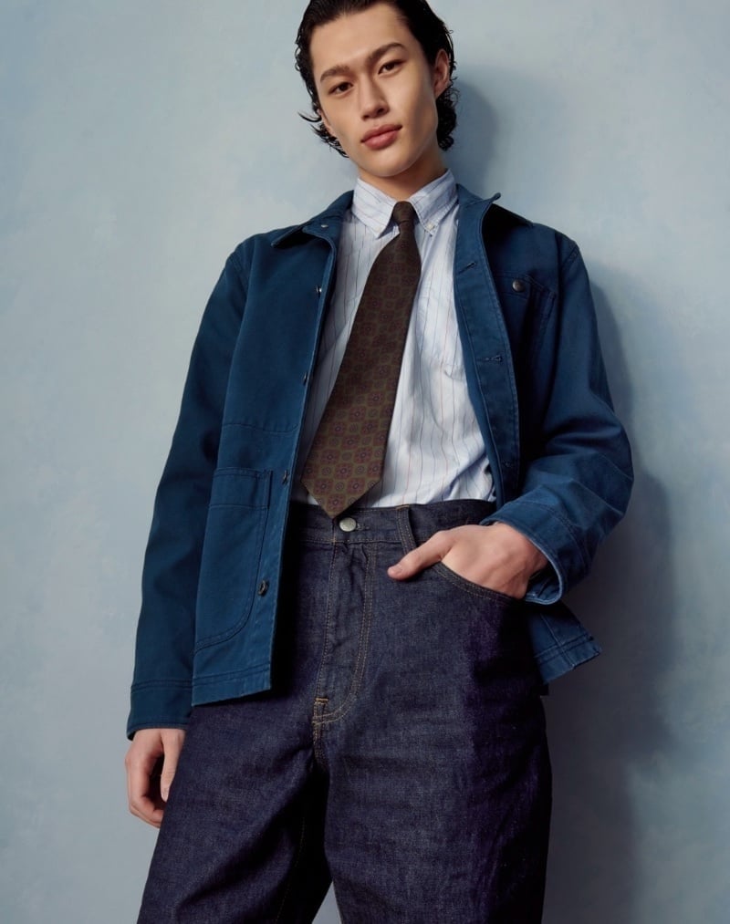Mathieu Simoneau wears a Wallace & Barnes chore jacket over a shirt and tie for J.Crew in January 2023.
