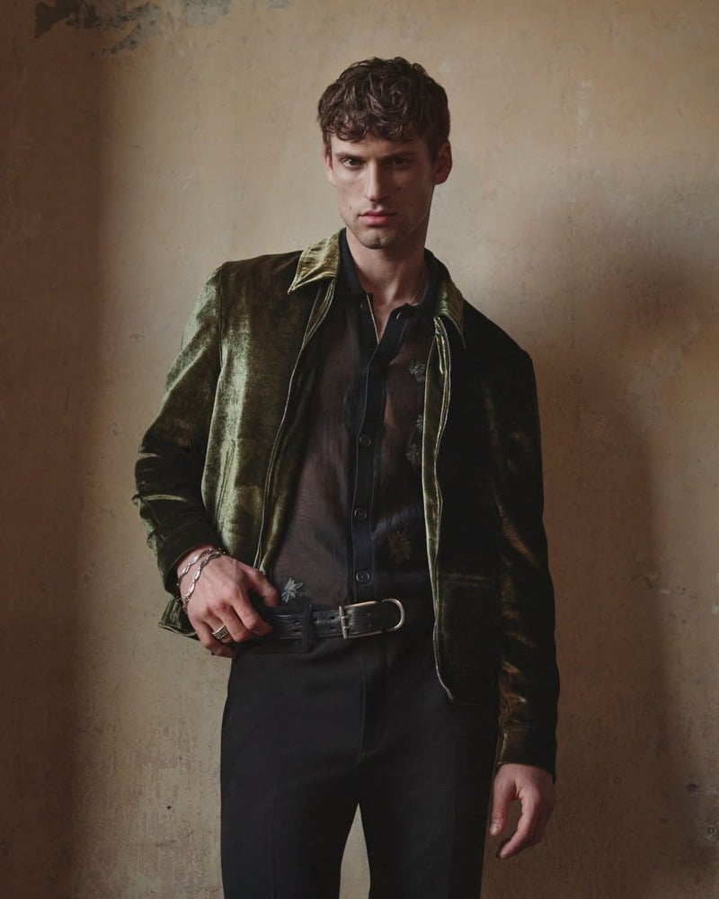 David Trulik wears the green Alden bomber over a sheer shirt for John Varvatos' fall-winter 2026 campaign
