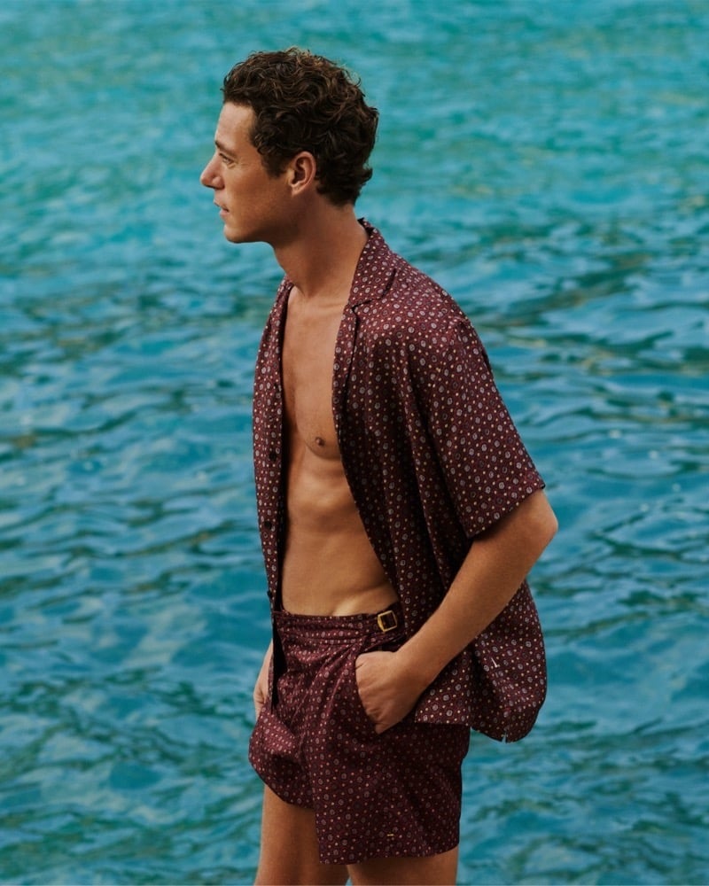 A patterned shirt and swim shorts from Orlebar Brown’s spring 2026 range turn matching fabric into an easy holiday outfit.