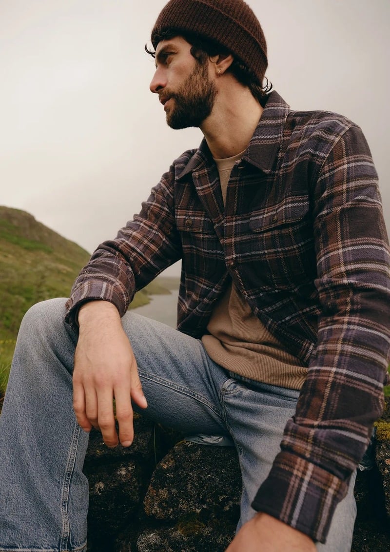 Matthew Bell sits on a rock wearing a plaid overshirt, brown beanie, and faded jeans.