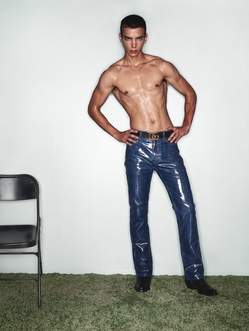 Sasha Profatilov wears Gucci trousers and a belt with Ann Demeulemeester boots.