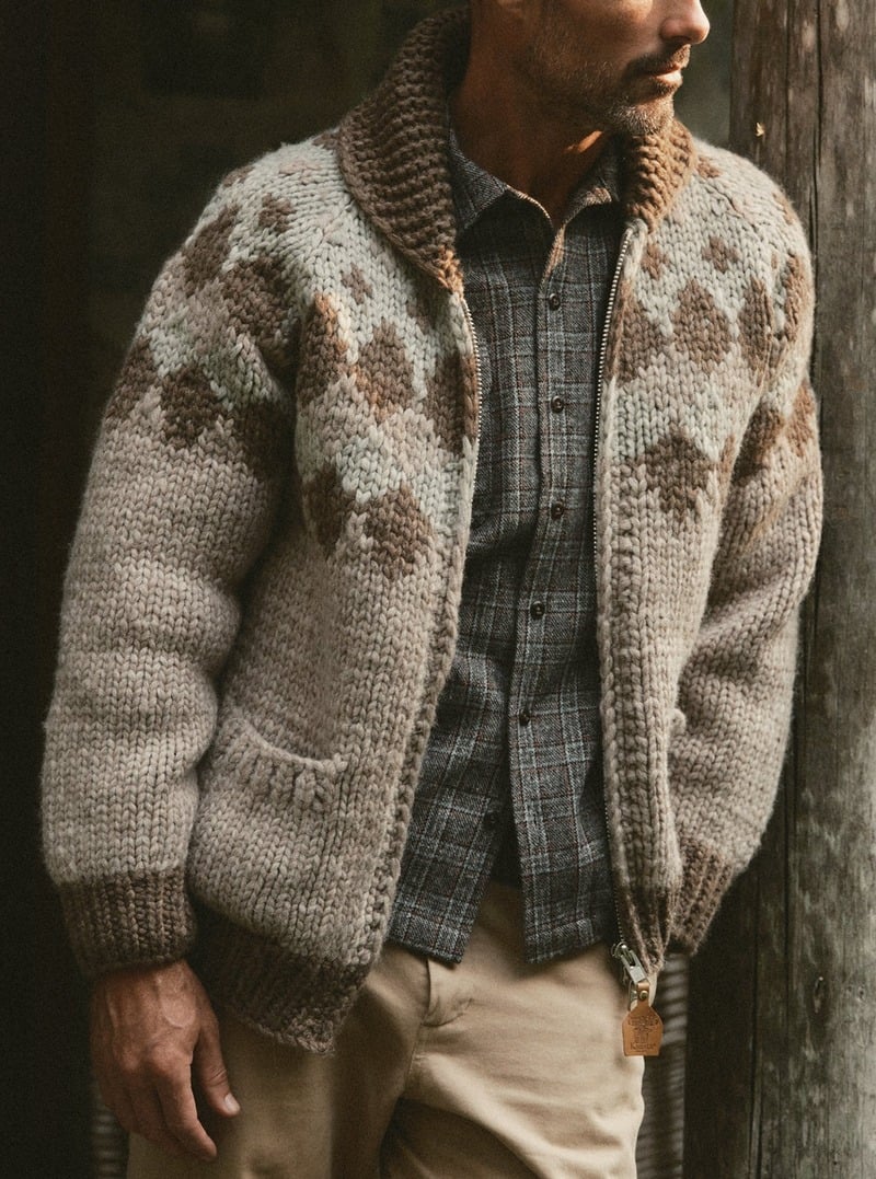Close-up of a model wearing a patterned zip-front knit sweater over a button-down shirt. Taylor Stitch winter 2026 collection.