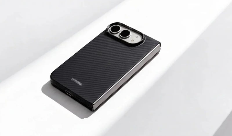 Black woven phone case resting diagonally on a white stepped surface.