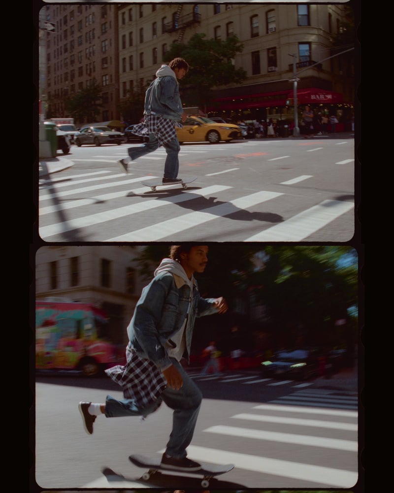 Two campaign frames show Nile Winchester skateboarding across a New York crosswalk.