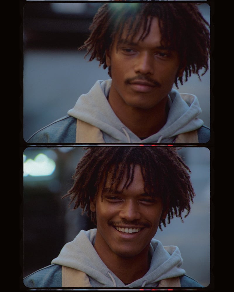Two portraits show Nile Winchester in a gray hoodie and denim jacket.