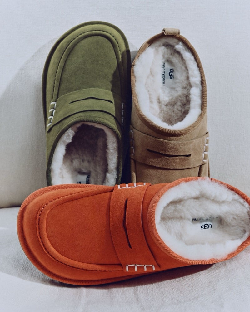 UGG x JW Anderson shearling-lined loafers in Khaki, Chestnut, and Orange.