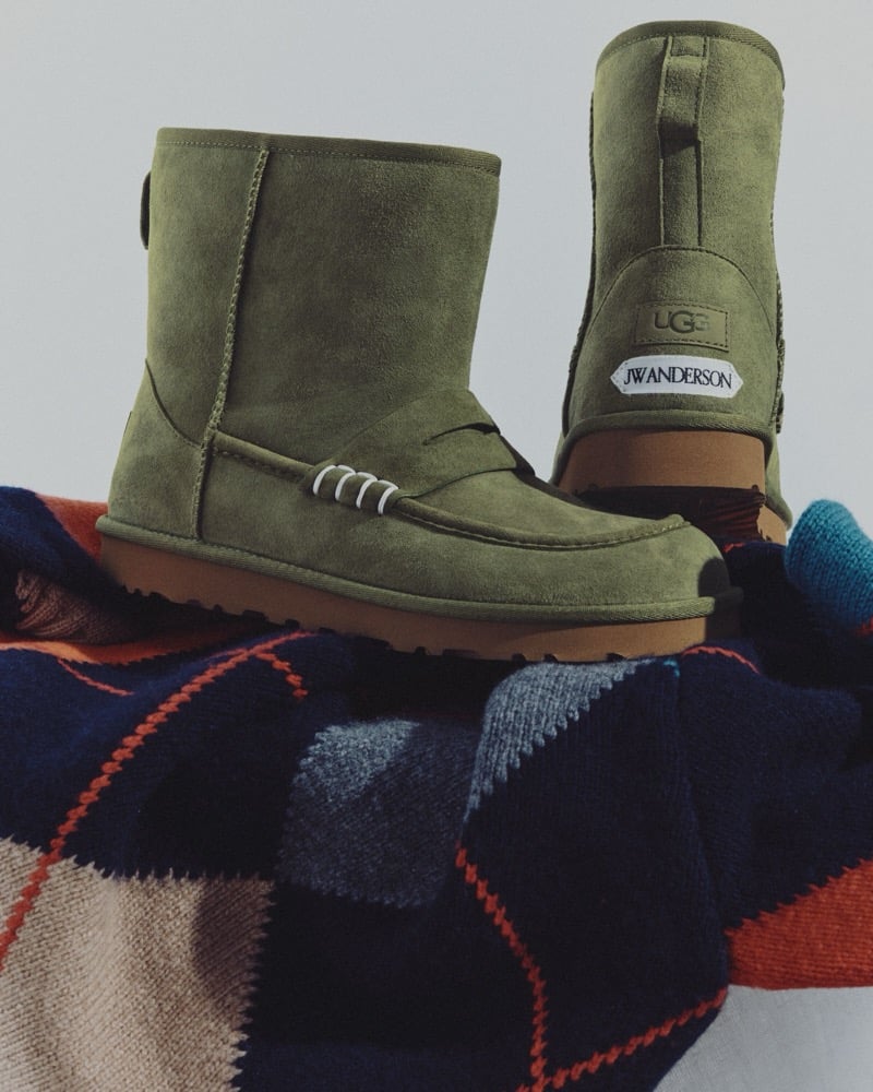 Khaki UGG x JW Anderson loafer boots displayed on a plaid blanket.