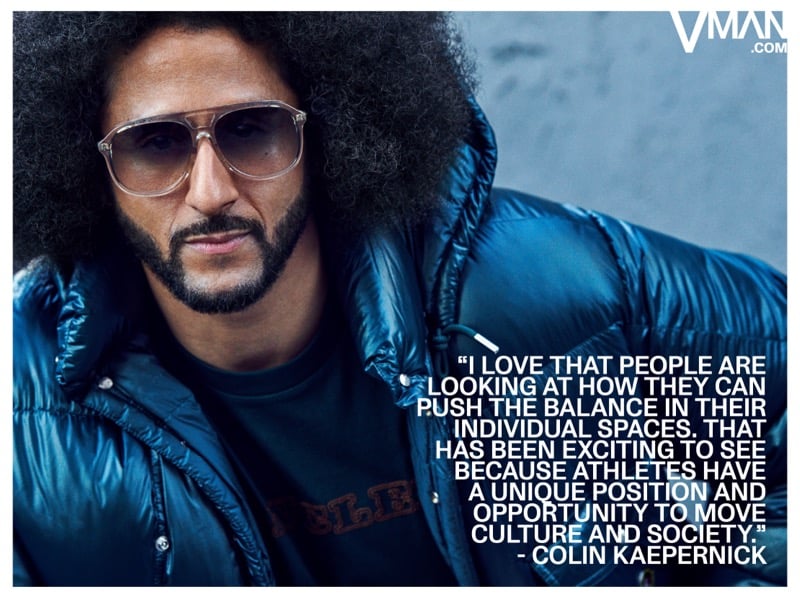 Colin Kaepernick wears aviator sunglasses and a blue Moncler puffer jacket.