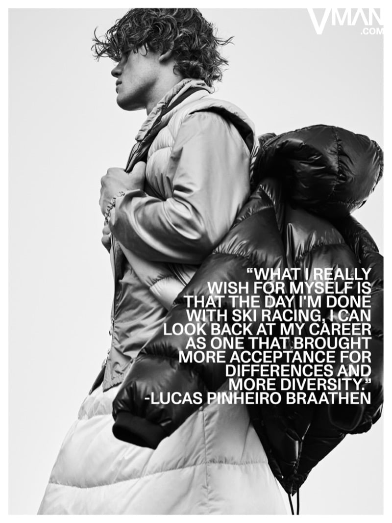 Lucas Pinheiro Braathen wears a light-colored Moncler puffer jacket with a dark jacket slung over his shoulder in black and white.