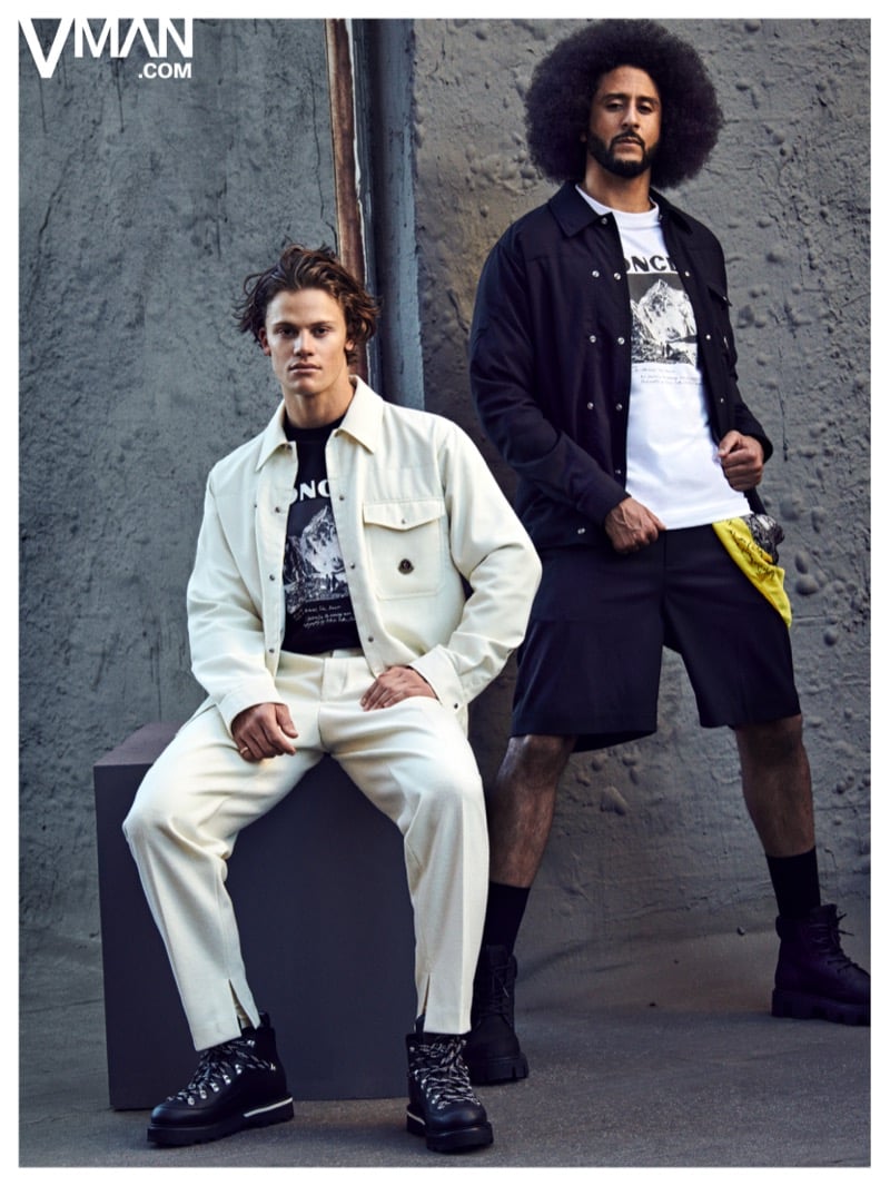 Lucas Pinheiro Braathen and Colin Kaepernick wear contrasting light and dark Moncler looks.