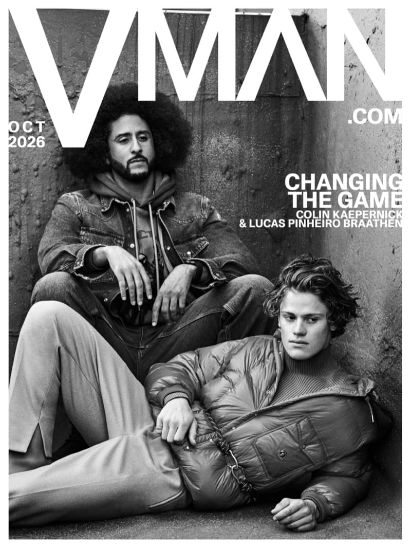Colin Kaepernick and Lucas Pinheiro Braathen share VMAN's black-and-white October 2026 digital cover in Moncler.
