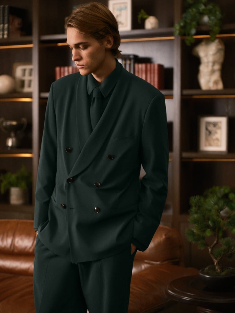 Warren Axelman looking down with a hand in his pocket in a green double-breasted jacket, matching shirt, tie, and trousers, bookshelves and a leather sofa behind him