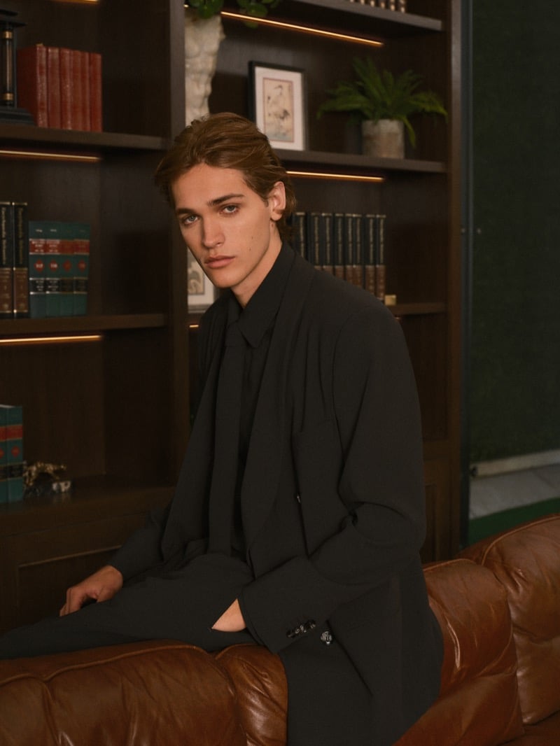 Warren Axelman seated on the arm of a brown leather sofa in a dark tailored jacket, shirt, and tie, one hand in his pocket, looking at the camera