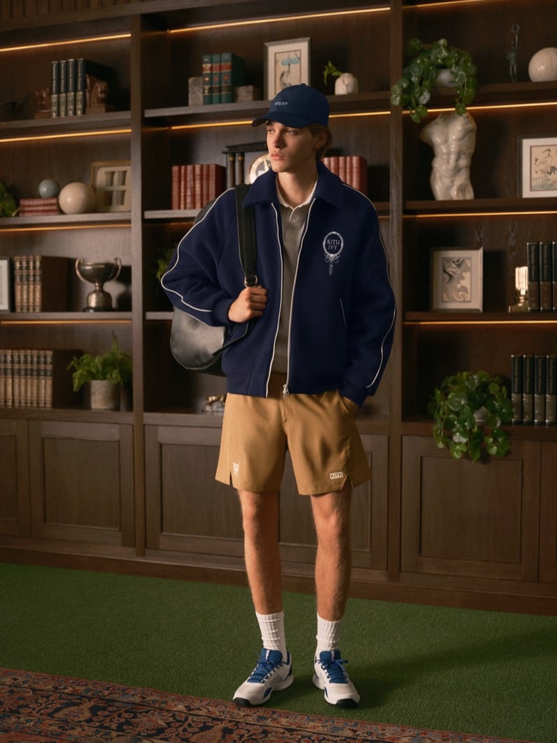 Warren Axelman standing on indoor turf in a baseball cap, a piped varsity jacket with a crest over a polo, tan shorts, white crew socks, and court sneakers, a leather bag on his shoulder
