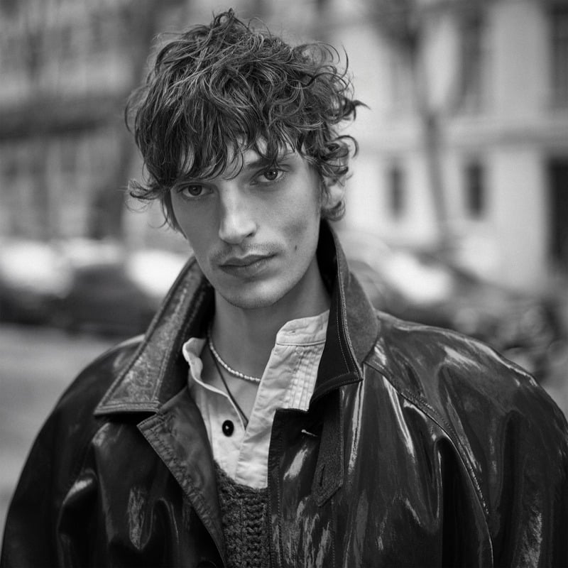 Cirillo wears a leather jacket over a cable-knit sweater and an open shirt for Zara Studio's fall-winter 2026 campaign