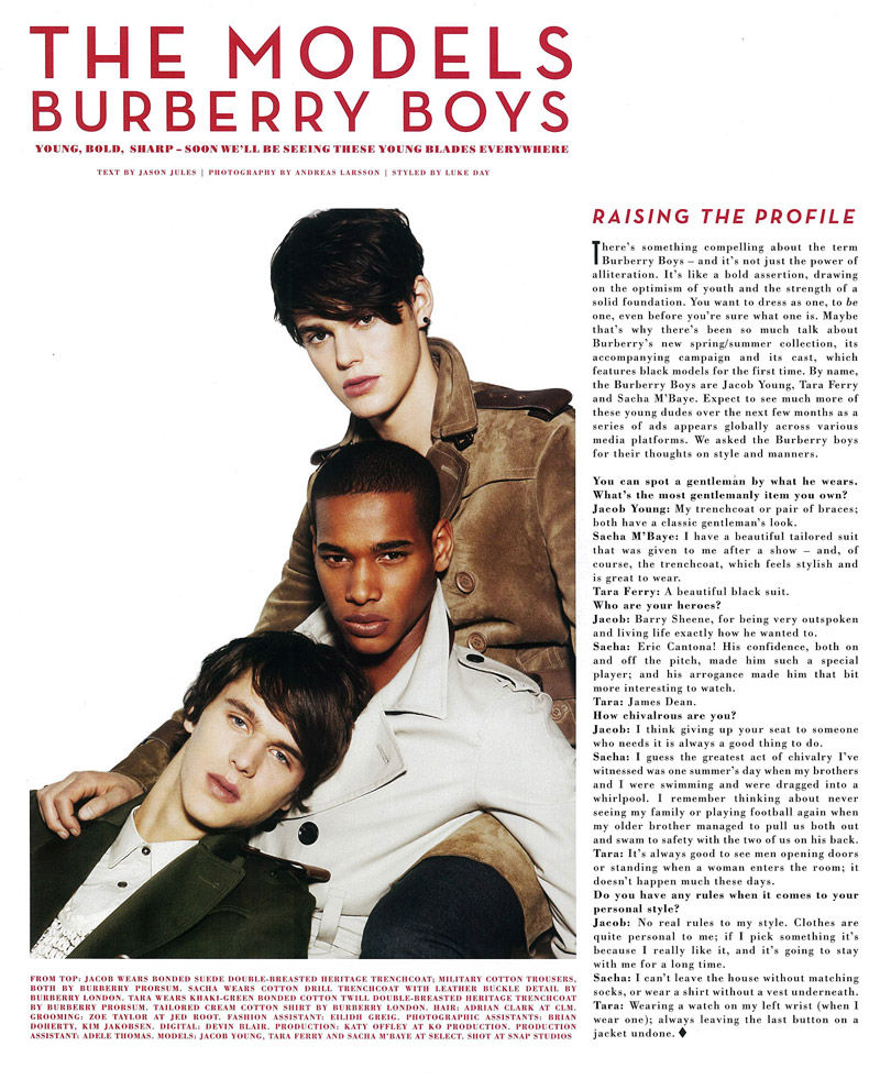 Tara Ferry, Sacha M'Baye and Jacob Young snag a page in GQ Style UK, photographed by Andreas Larsson.